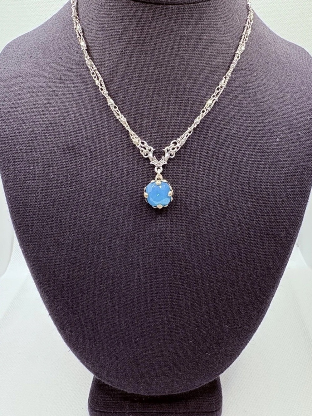Sweet Romance Fiery Blue Crystal Pendant Necklace Silvertone 16-18” Multi-Strand